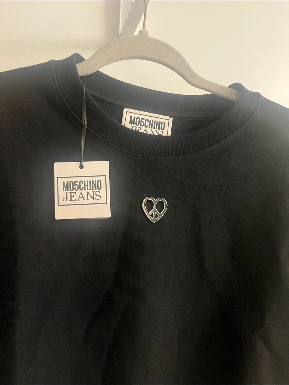 Moschino Black Crewneck Sweatshirt with Heart Peace Pin